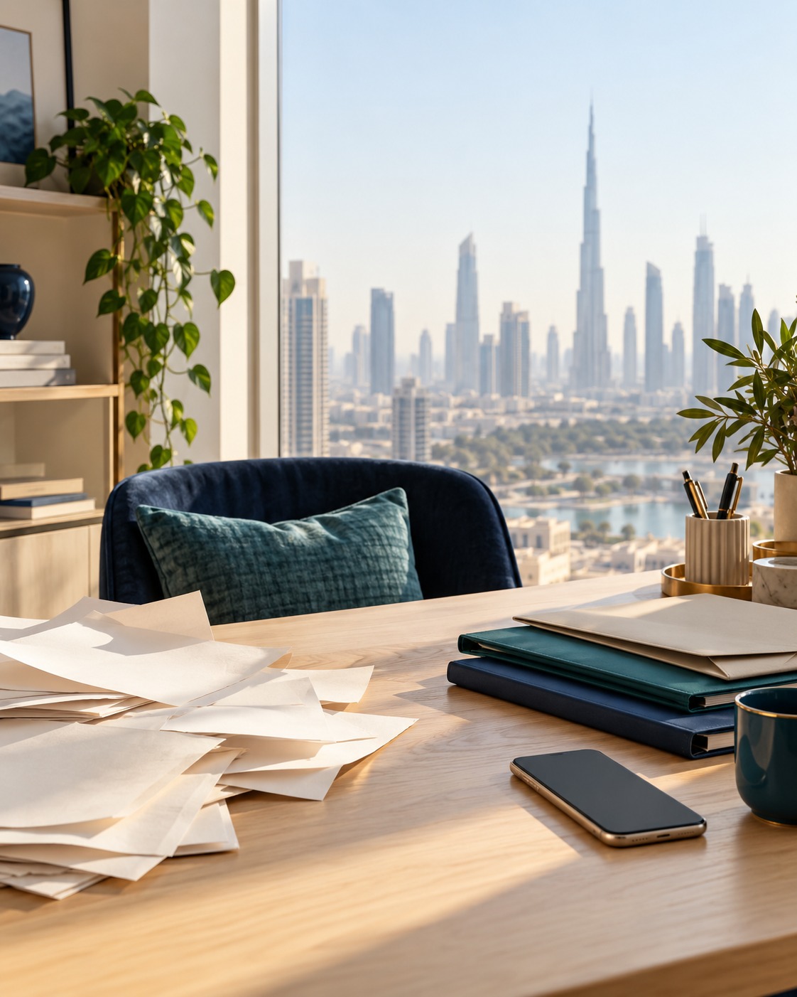 An illustrative generated photo of a sunlit desk overlooking Dubai, with loose blank papers, stacked folders and a face-down phone.