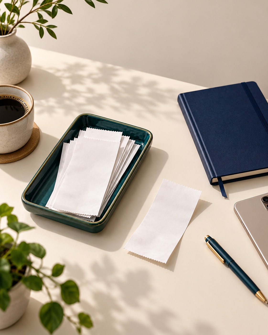 An illustrative generated photo of blank receipt-shaped papers in a teal tray beside a navy notebook, a pen and coffee.