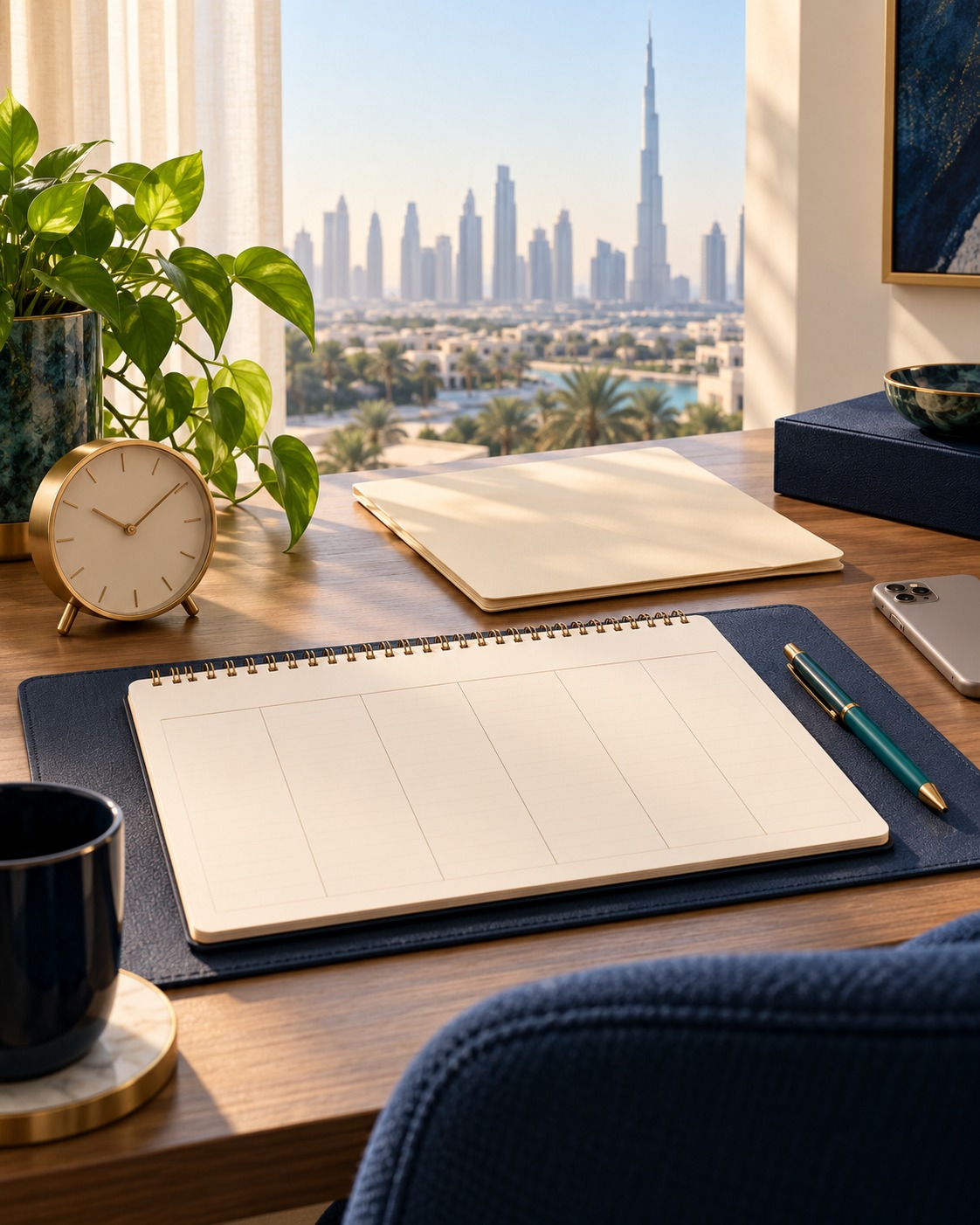 An illustrative generated photo of a blank weekly planner, unmarked folder, clock and face-down phone on a sunlit desk.